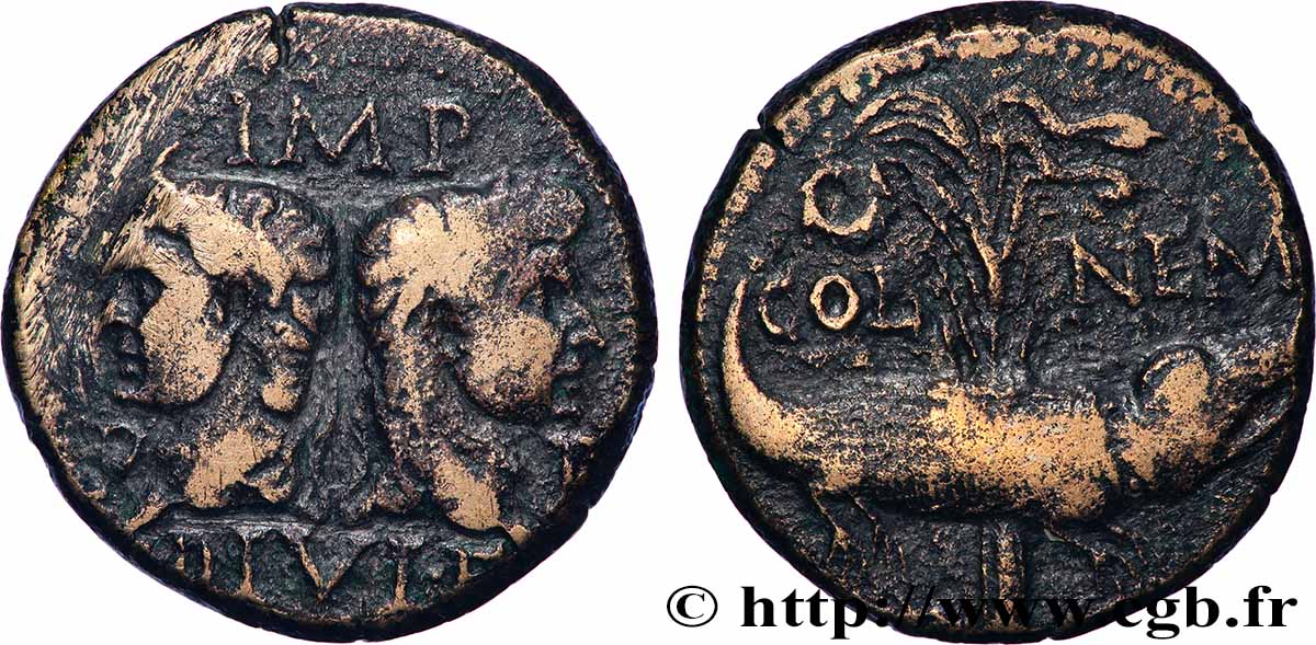 NEMAUSUS - NÎMES - AUGUSTE et AGRIPPA Dupondius COL NEM (as) TB+