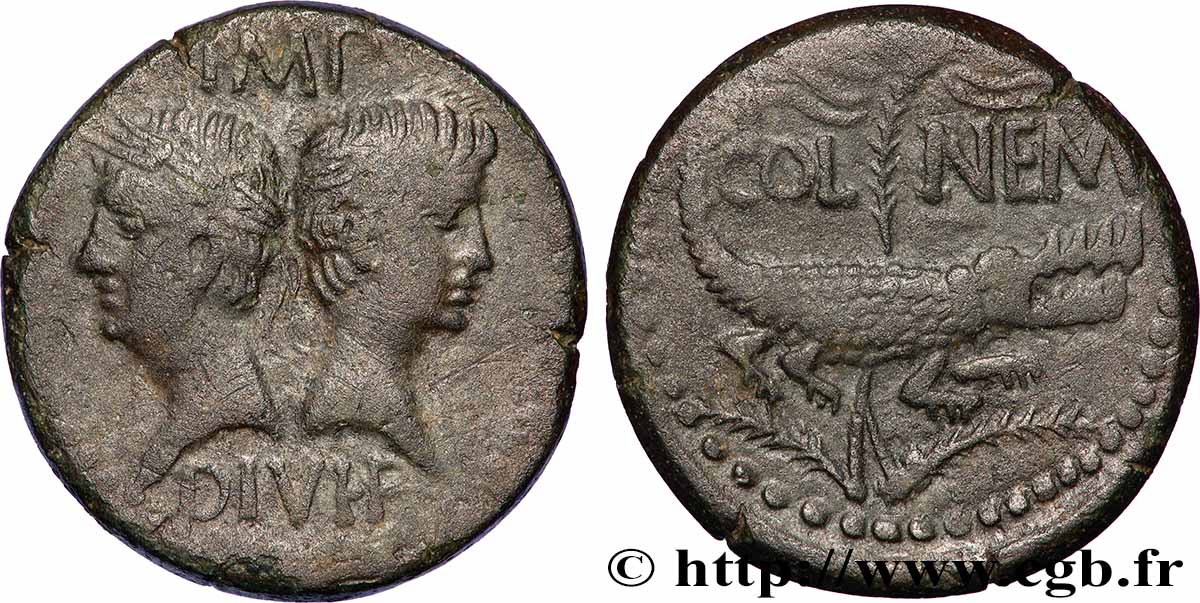 NEMAUSUS - NIMES - AUGUSTUS and AGRIPPA Dupondius COL NEM (as) XF