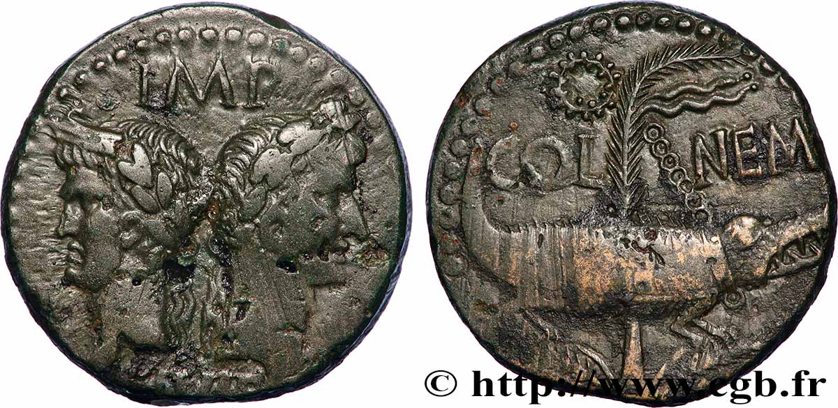 AUGUSTUS and AGRIPPA Dupondius COL NEM (as) XF