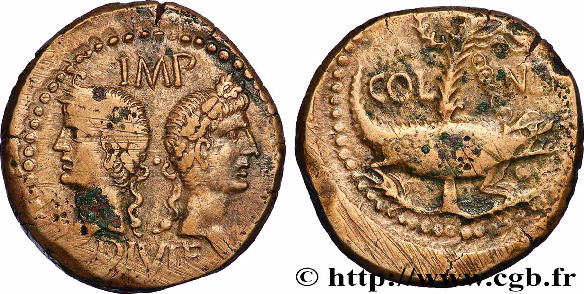 AUGUSTUS and AGRIPPA Dupondius COL NEM (as) XF/VF