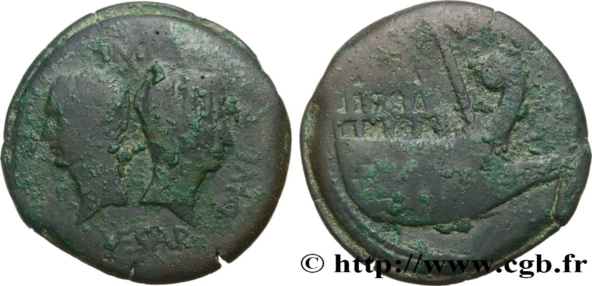 GALLIA - VIENNA - VIENNE - JULIUS CAESAR and OCTAVIAN Dupondius à la galère VF