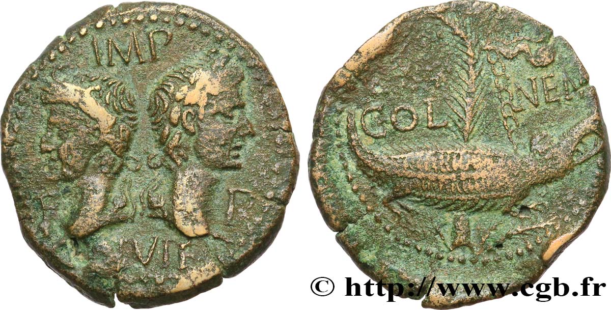 NEMAUSUS - NÎMES - AUGUSTE et AGRIPPA Dupondius TTB