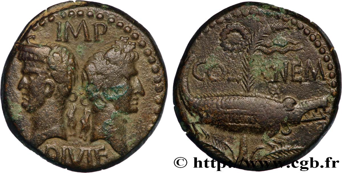 AUGUSTUS and AGRIPPA Dupondius COL NEM (as) XF