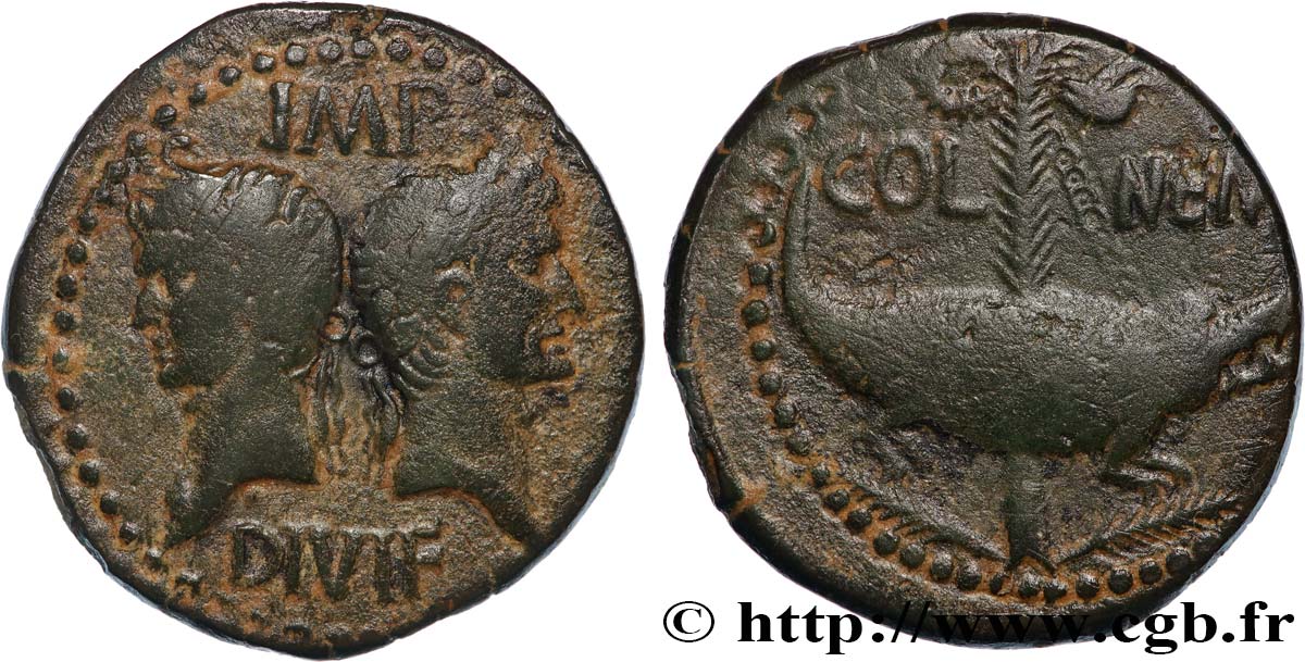 AUGUSTUS and AGRIPPA Dupondius COL NEM (as) XF