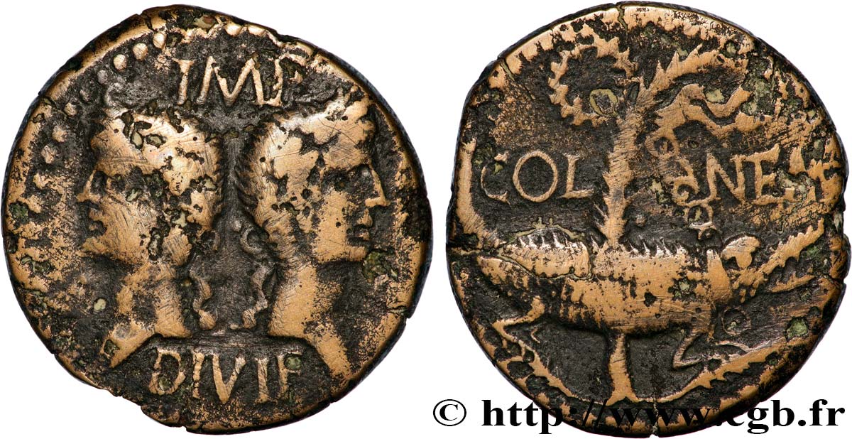 AUGUSTUS and AGRIPPA Dupondius COL NEM (as) XF