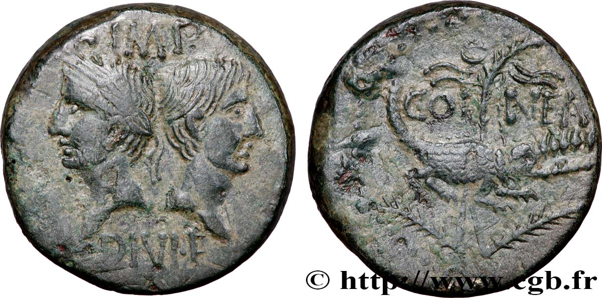 AUGUSTUS and AGRIPPA Dupondius COL NEM (as) - Agrippa barbu XF