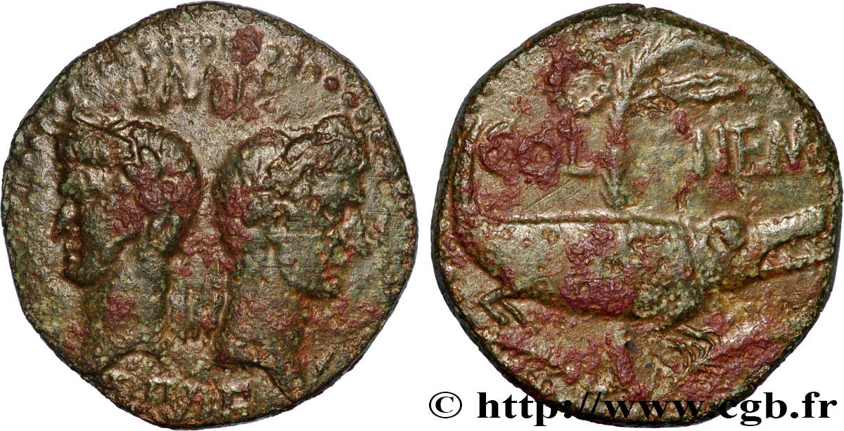 AUGUSTUS and AGRIPPA Dupondius COL NEM (as) XF