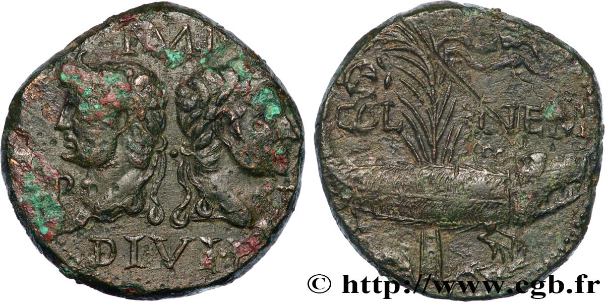 NEMAUSUS - NIMES - AUGUSTUS and AGRIPPA Dupondius COL NEM (as) XF