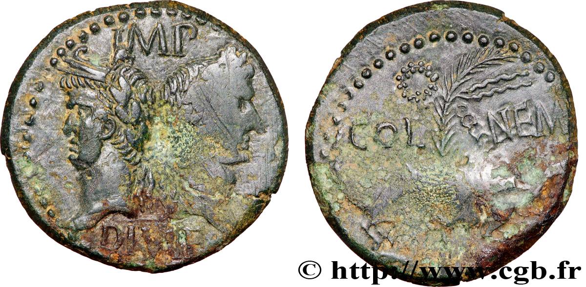 AUGUSTUS and AGRIPPA Dupondius COL NEM (as) XF