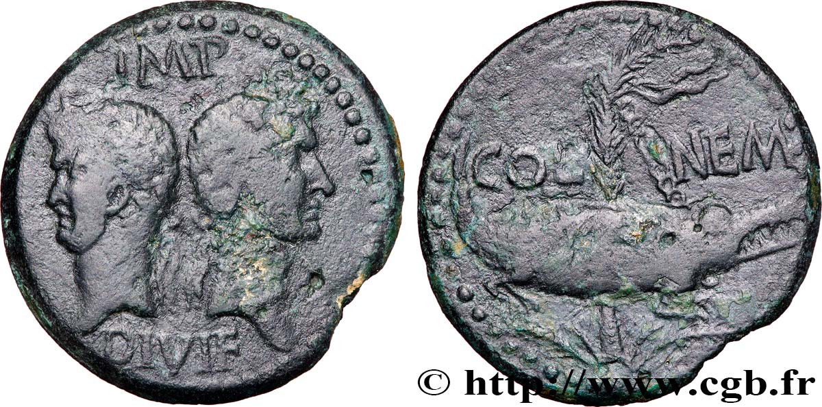 AUGUSTUS and AGRIPPA Dupondius COL NEM (as) XF