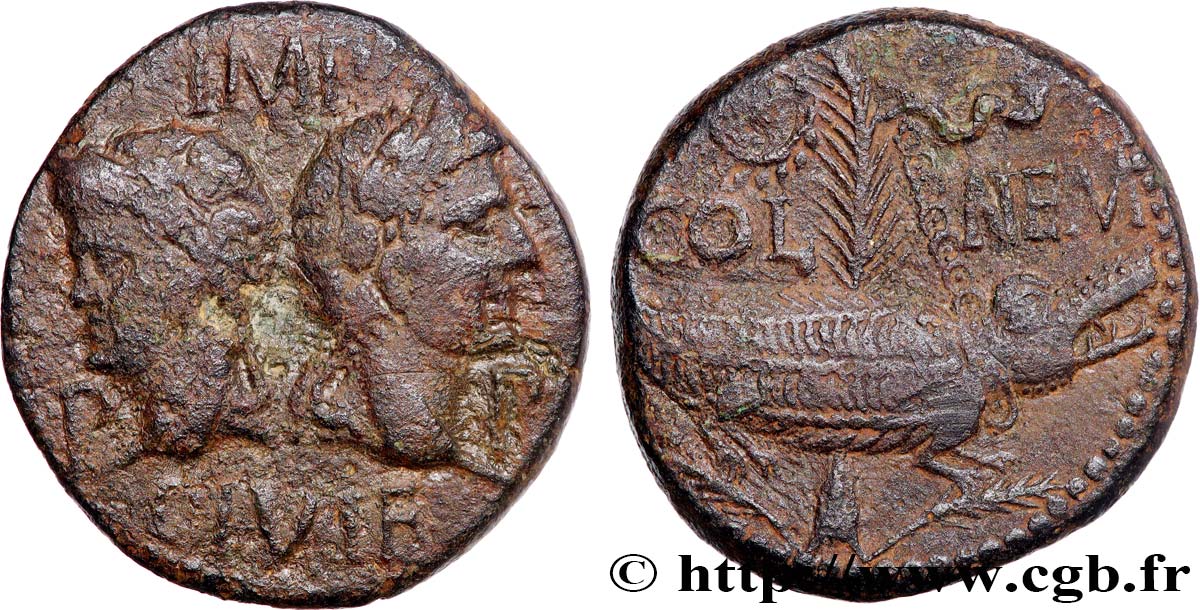 NEMAUSUS - NIMES - AUGUSTUS and AGRIPPA Dupondius COL NEM (as) XF