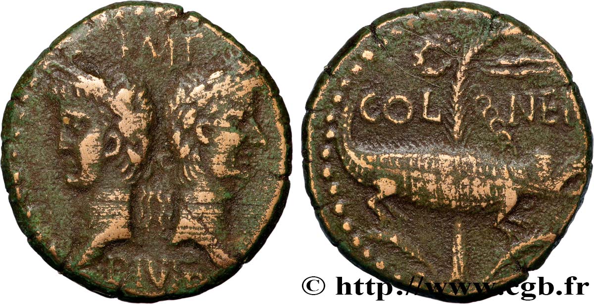 AUGUSTUS and AGRIPPA Dupondius COL NEM (as) XF