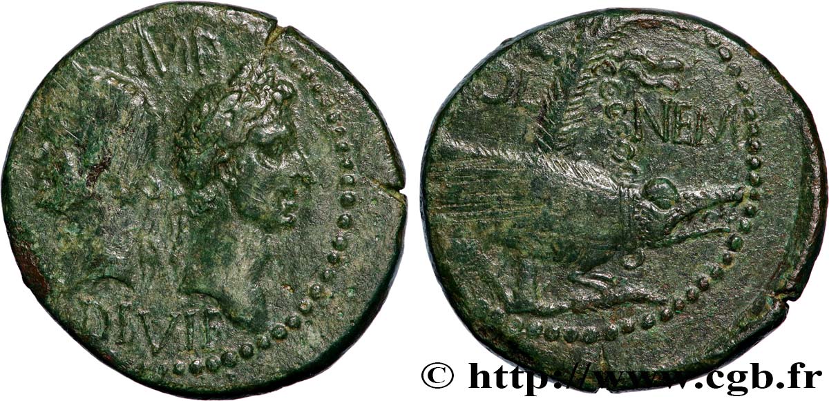 AUGUSTUS and AGRIPPA Dupondius COL NEM (as) XF