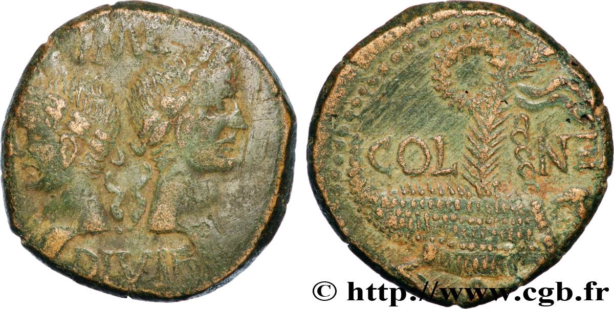 AUGUSTUS and AGRIPPA Dupondius COL NEM (as) XF