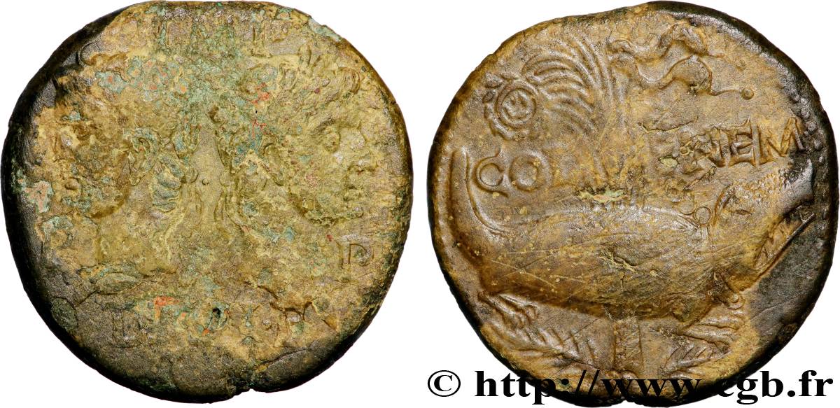 NEMAUSUS - NIMES - AUGUSTUS and AGRIPPA Dupondius COL NEM (as) VF