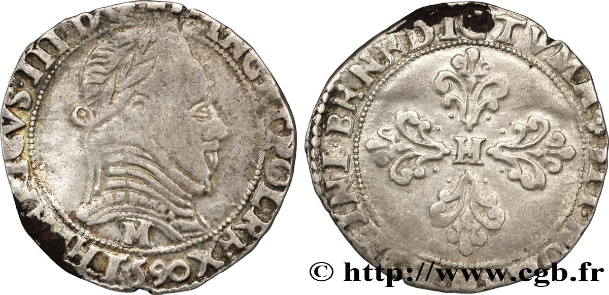 LIGUE. COINAGE AT THE NAME OF HENRY III Demi-franc au col plat 1590 Toulouse BC+