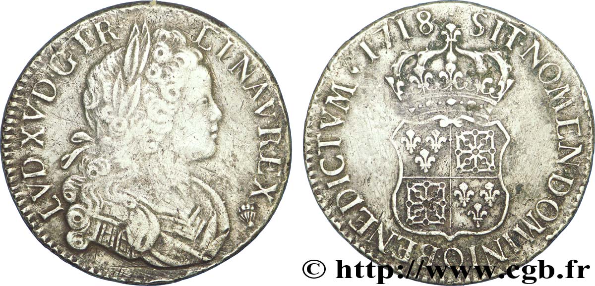 LOUIS XV  THE WELL-BELOVED  Écu dit  de France-Navarre  1718 Perpignan BC+/MBC