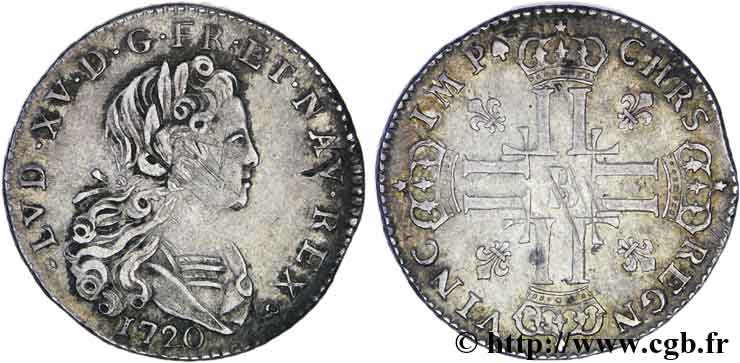 LOUIS XV  THE WELL-BELOVED  Louis d’argent à la croix aux huit L couronnées 1720 Rouen MBC