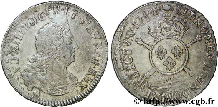LOUIS XIV  THE SUN KING  Demi-écu aux insignes 1701 Troyes q.BB