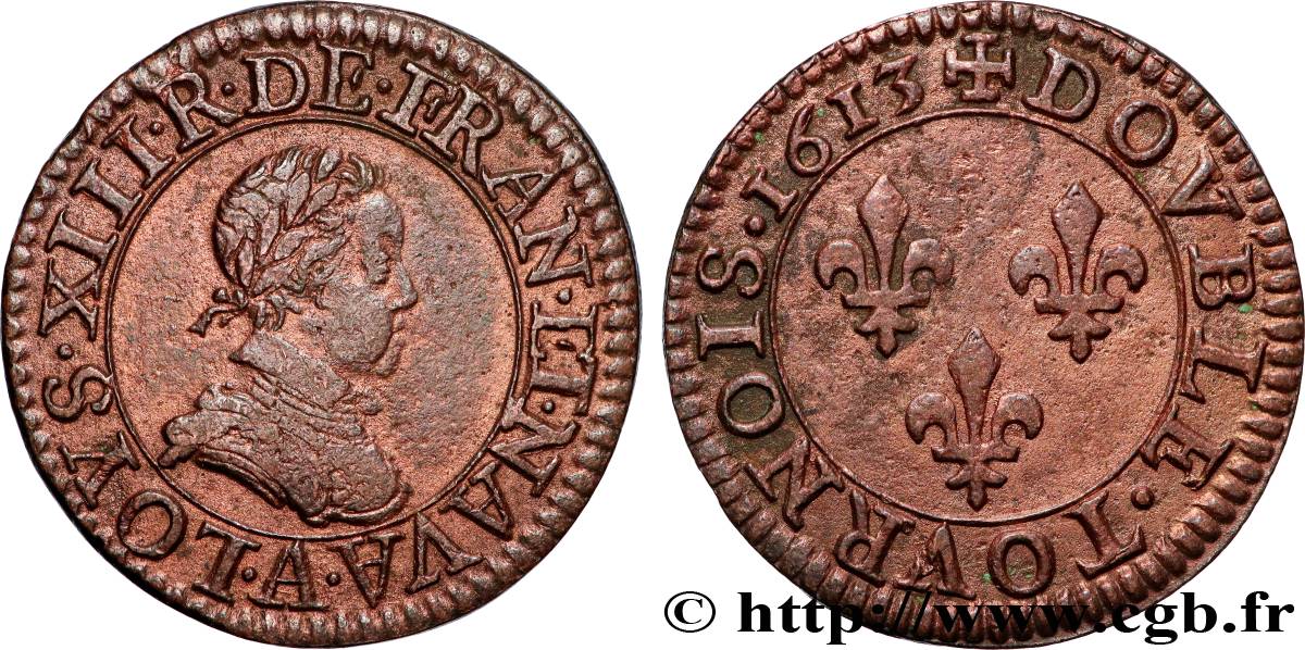 LOUIS XIII  Double tournois, type 1 1613 Paris, Moulin du Louvre q.SPL