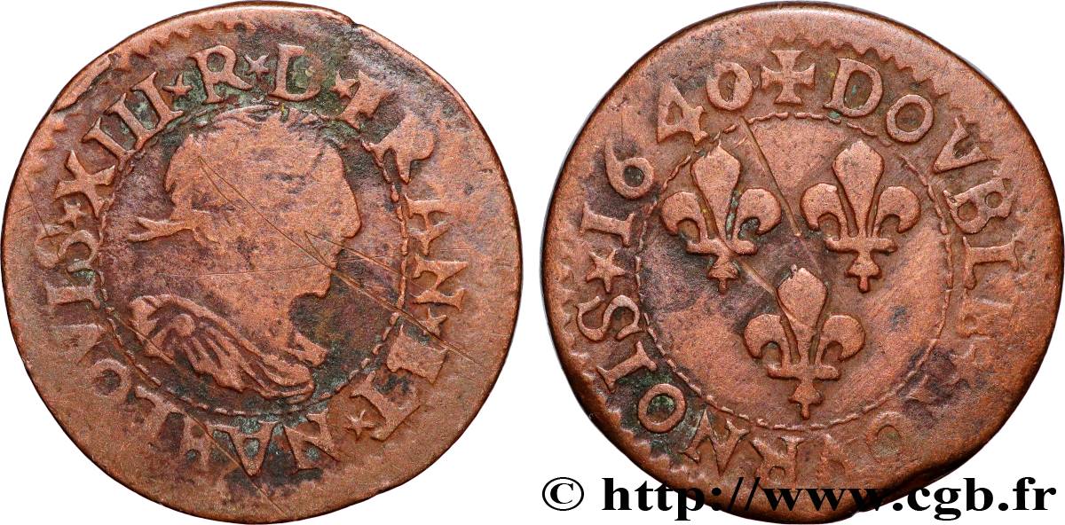 LOUIS XIII LE JUSTE Double tournois, 15e type de La Rochelle 1640 La Rochelle TB/TB+