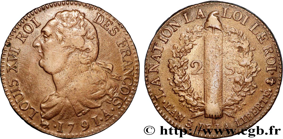 LOUIS XVI 2 sols dit  au faisceau , type FRANÇOIS 1791 Paris VF/XF