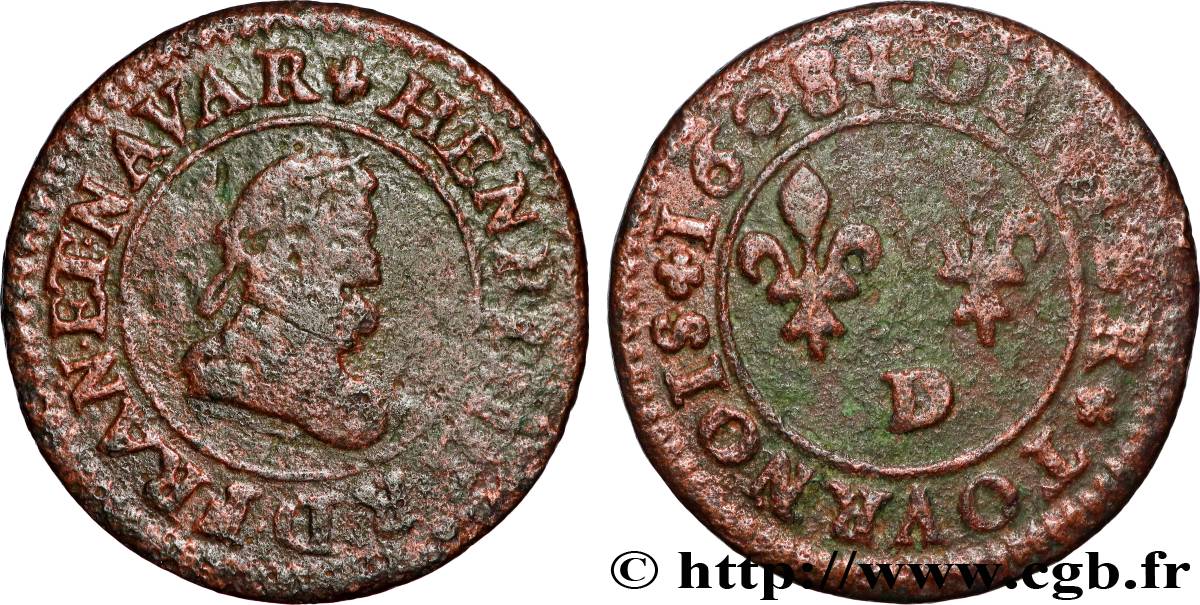 HENRY IV Denier tournois 1608 Lyon VF/VF