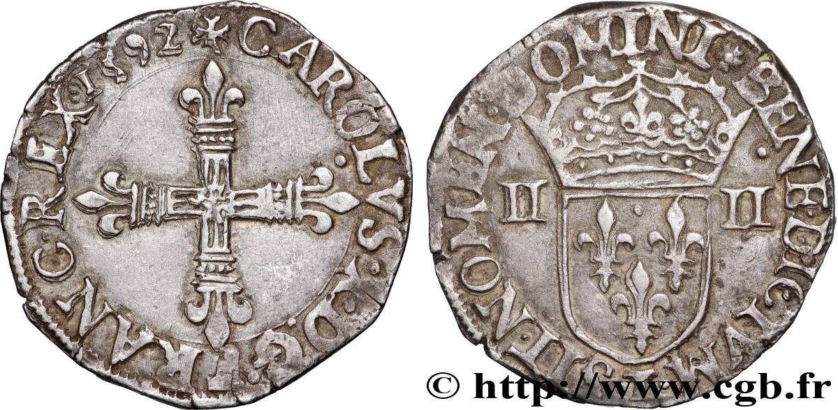 CHARLES X, CARDINAL OF BOURBON Quart d écu, croix de face 1592 Nantes q.SPL