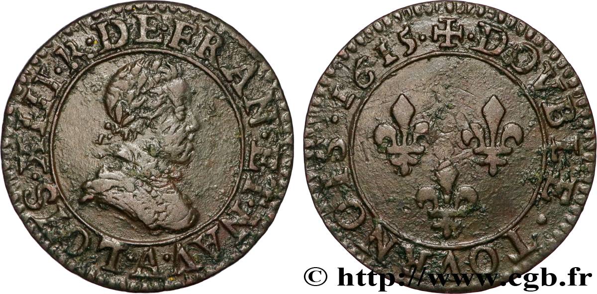 LOUIS XIII LE JUSTE Double tournois, type 1 1615 Paris, Moulin du Louvre TTB