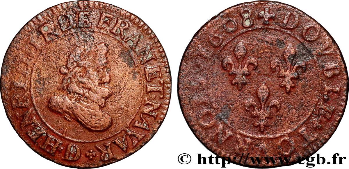 HENRY IV Double tournois, 1er type 1608 Lyon VF