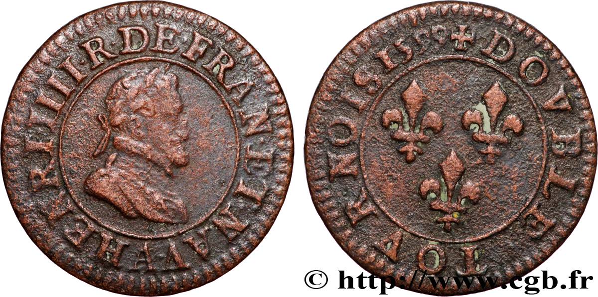 HENRY IV Double tournois, 2e type de Paris (légende française) 1599 Paris, Moulin des Étuves SS