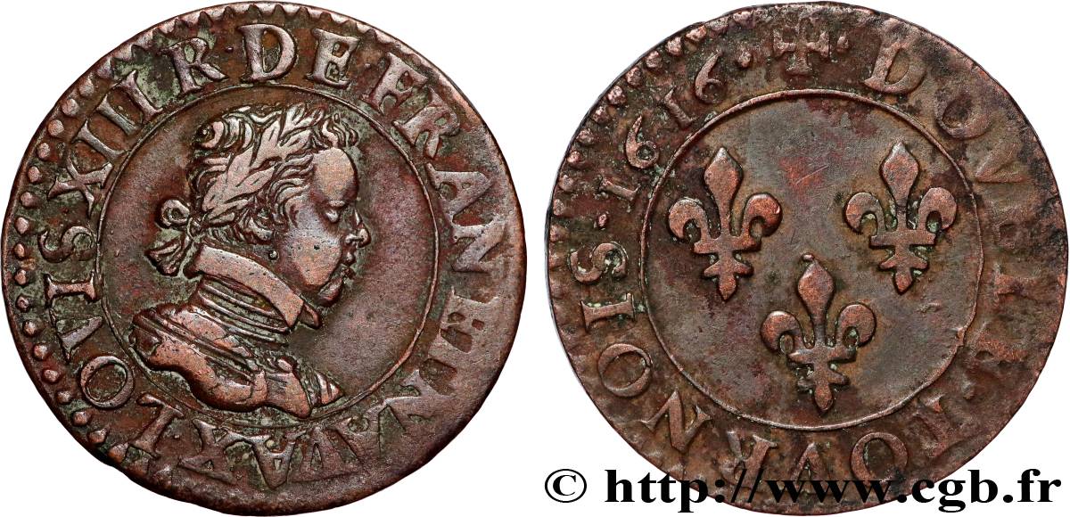 LOUIS XIII  Double tournois, buste enfantin d Amiens, (3e portrait) 1616 Amiens AU/XF