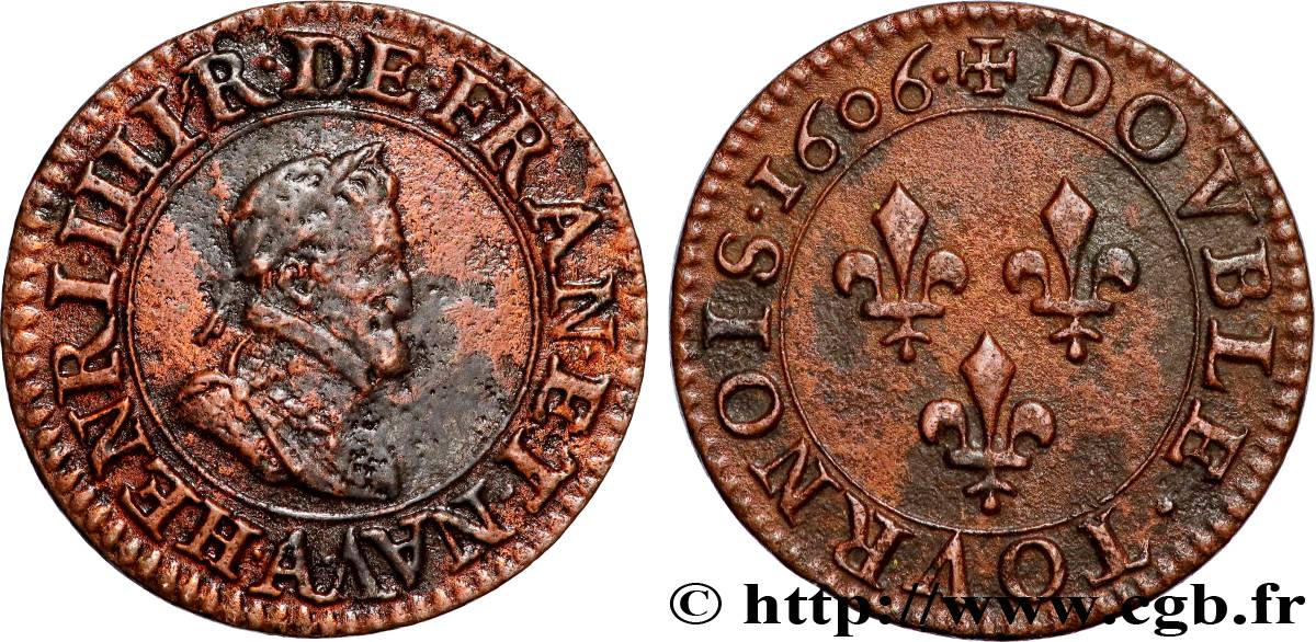 HENRI IV LE GRAND Double tournois, 1er type de Paris (légende française) 1606 Paris, Moulin des Étuves TTB/TTB+