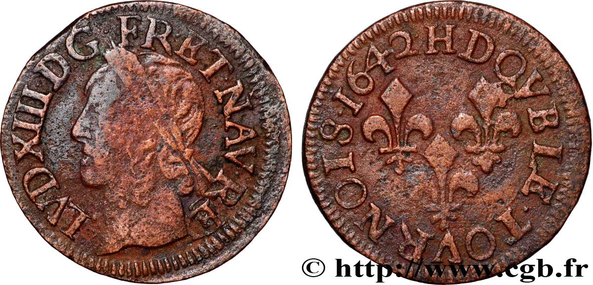 LOUIS XIII LE JUSTE Double tournois, type de Warin 1642 La Rochelle TB+