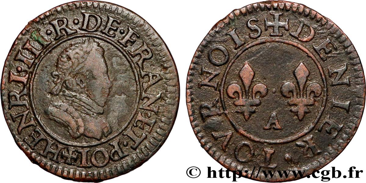 HENRY III Denier tournois, 1er type de Paris n.d. Paris, Moulin des Étuves XF/AU