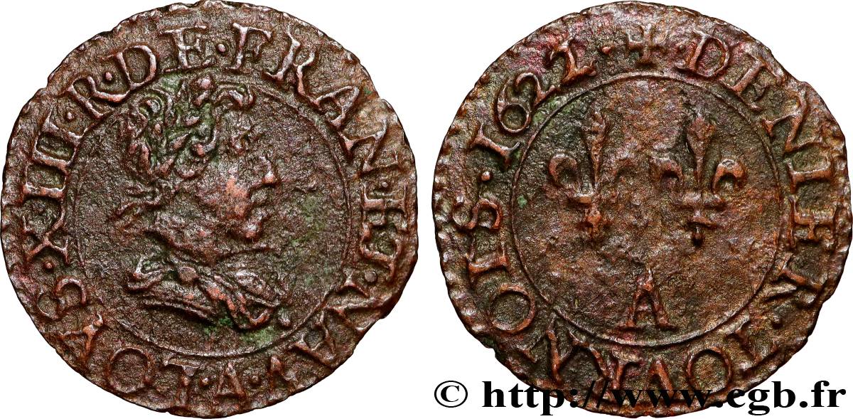 LOUIS XIII Denier tournois, type 3 1622 Paris AU