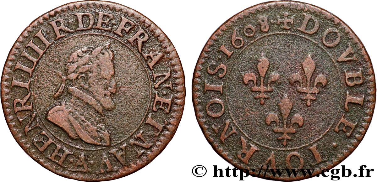 HENRI IV LE GRAND Double tournois, 2e type de Paris (légende française) 1608 Paris TTB