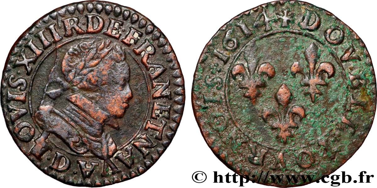 LOUIS XIII  Double tournois, type 3 1614 Lyon XF/VF