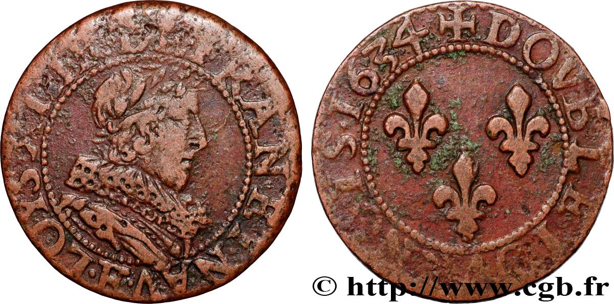 LOUIS XIII  Double tournois, 1er type de Tours 1634 Tours XF/VF