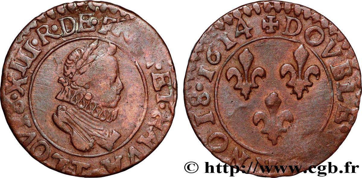 LOUIS XIII LE JUSTE Double tournois, type 2 1614 Nantes TB+