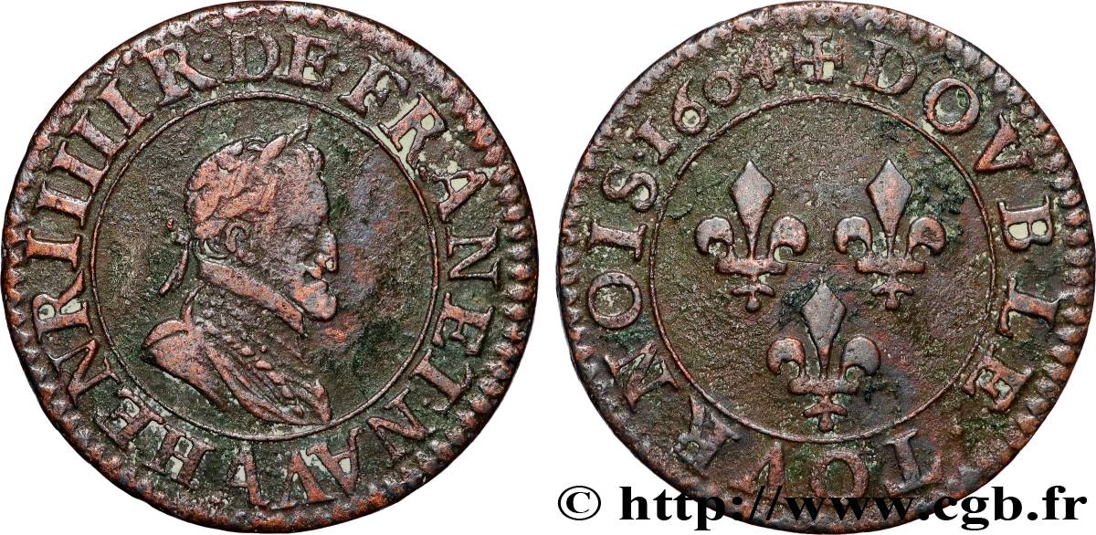 HENRI IV LE GRAND Double tournois, 2e type de Paris (légende française) 1604 Paris, Moulin des Étuves TB+