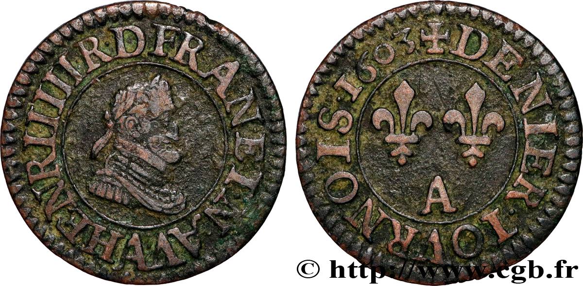 HENRY IV Denier tournois, 1er type de Paris (légende française) 1603 Paris, Moulin des Étuves XF