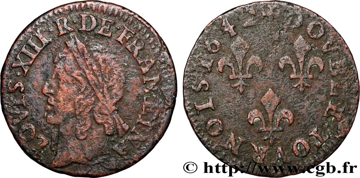 LOUIS XIII LE JUSTE Double tournois, type de Warin 1642 Atelier indéterminé TB+