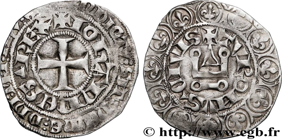 JOHN II  THE GOOD  Gros tournois frappé avec un coin de droit regravé sur un coin de revers du type Duplessy 350 n.d. Montpellier AU