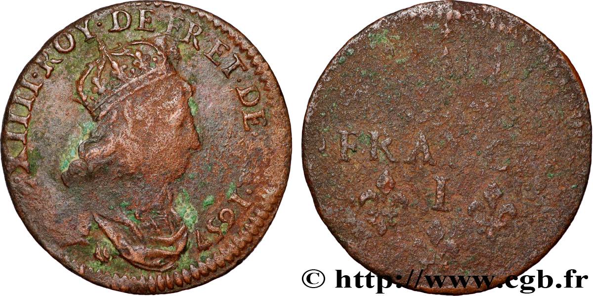 LOUIS XIV LE GRAND OU LE ROI SOLEIL Liard de cuivre, 2e type 1657 Limoges B+/B