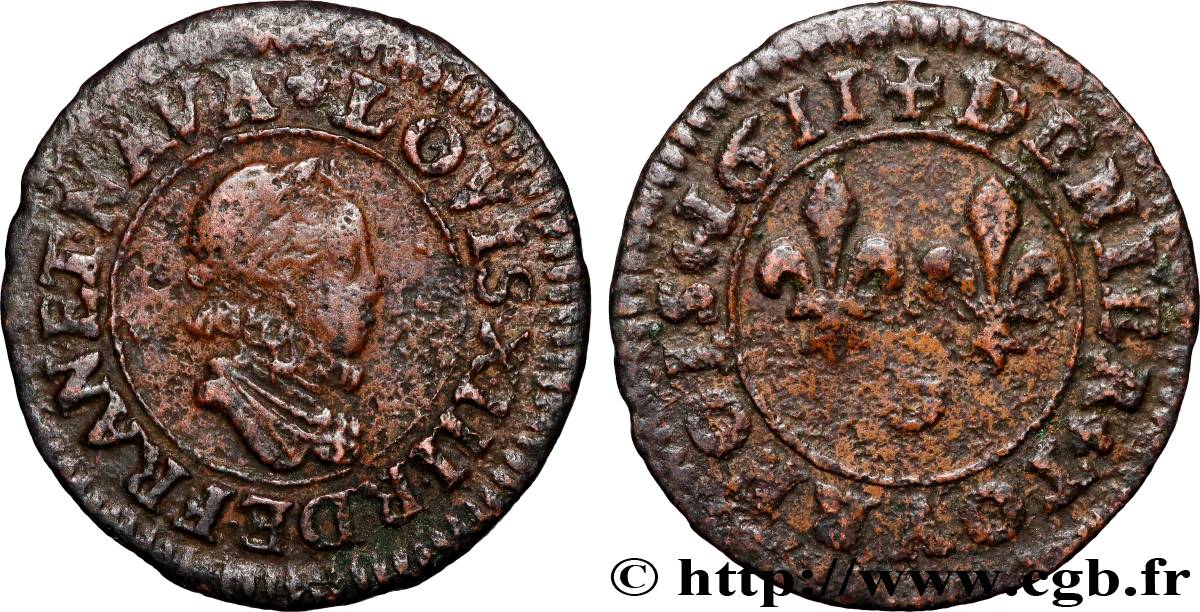 LOUIS XIII  Denier tournois, 1er buste enfantin au col fraisé, (2e portrait) 1611 Lyon VF/VF