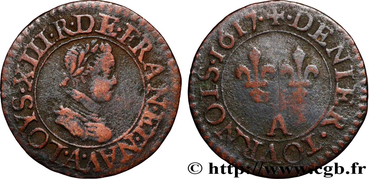 LOUIS XIII  Denier tournois, type 1 1617 Paris BB/q.BB