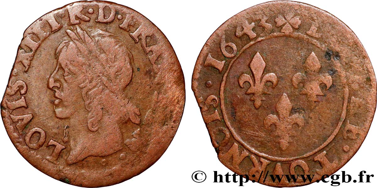 LOUIS XIII  Double tournois à la vieille tête, type de Warin 1643 Atelier indéterminé XF
