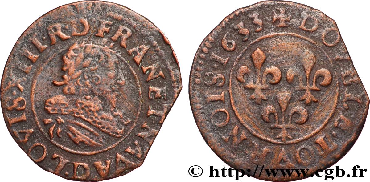 LOUIS XIII  Double tournois, type 9 1633 Lyon XF
