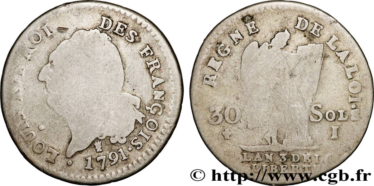 LOUIS XVI (MONARQUE CONSTITUTIONNEL)  30 sols dit  au génie , type FRANÇOIS 1791 Limoges TB